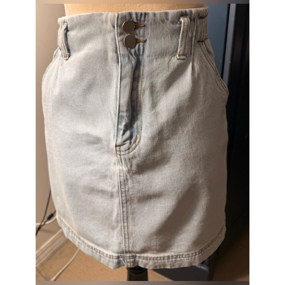 Altar'd State Light Blue High Waist Denim Skirt with Gold Stitching